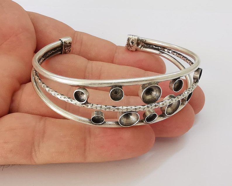 Textured silver bracelet brass cuff blank bezel Glass cabochon base Adjustable antique silver brass (8mm and 5mm blanks ) G25864