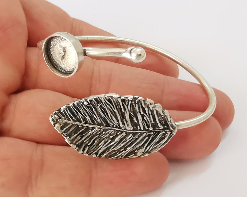 Leaf silver bracelet brass cuff blank bezel Glass cabochon base Adjustable antique silver brass (12mm blank) G25865