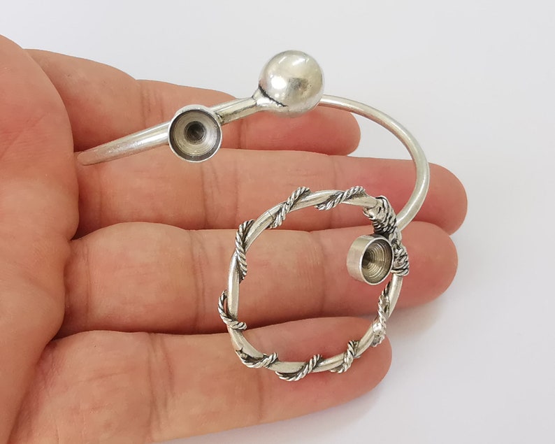 Ball Circle wired silver bracelet brass cuff blank bezel Glass cabochon base Adjustable antique silver brass (8mm blanks) G25868