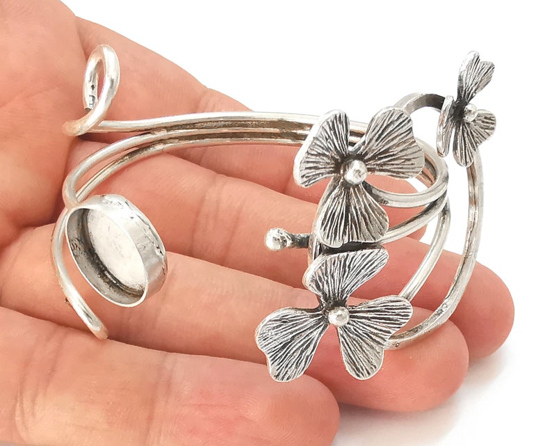 Flowers bracelet brass Cuff blank bezel Glass cabochon base Adjustable Antique silver plated brass (14mm blank) G25870