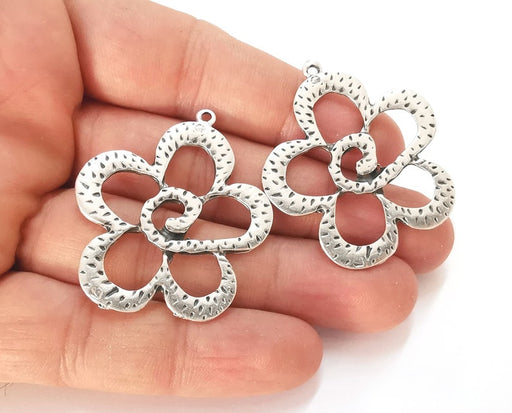 2 Flower charms Antique silver plated charms (44x38mm) G25887
