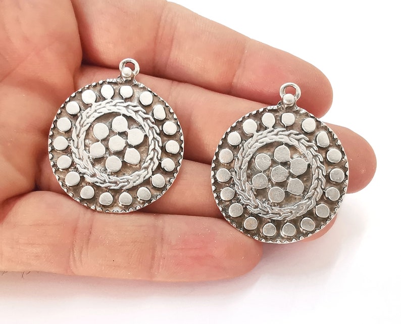 2 Ethnic flower charms Antique silver plated charms (41x34mm) G25891