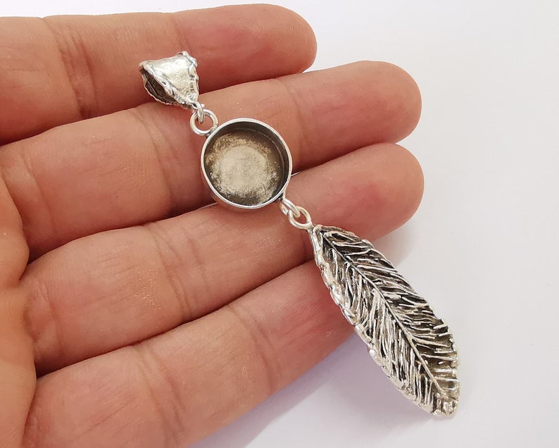 Leaf Dangle Pendant Blank Resin Bezel Mosaic Mountings Cabochon setting Antique Silver Plated Brass (85x24mm)(14mm Bezel Size) G25927