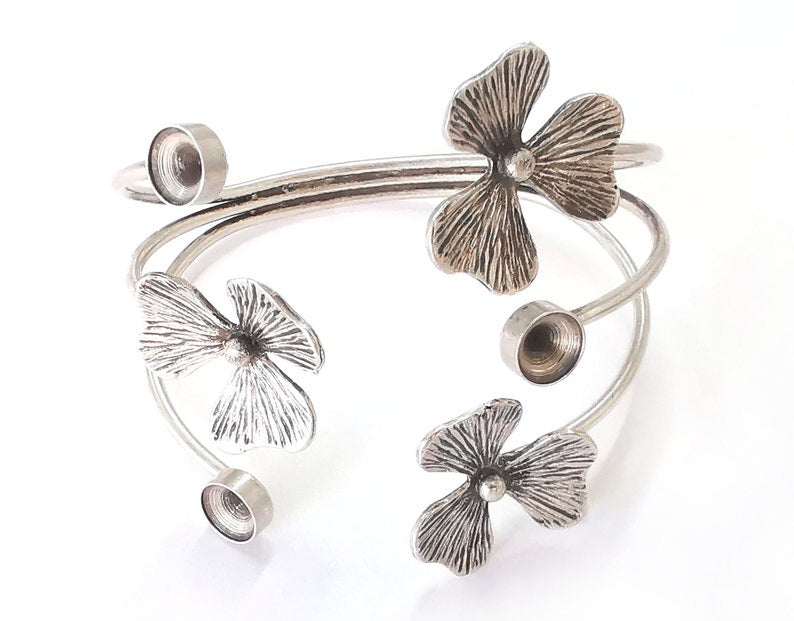Flowers bracelet brass Cuff blank bezel Glass cabochon base Adjustable Antique silver plated brass (8mm blanks) G25955