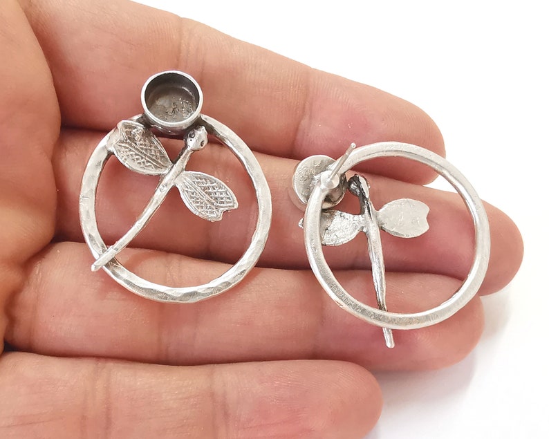 Dragonfly earring blank base settings silver resin cabochon inlay blank mountings Antique silver plated brass (8mm blanks) 1 Set G25962