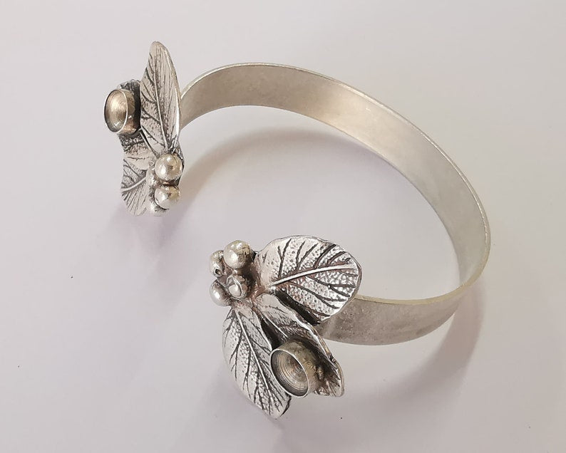 Leaves leaf bracelet cuff blank bezel Glass cabochon base Adjustable antique silver plated brass (8mm ) G25967