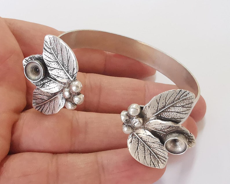 Leaves leaf bracelet cuff blank bezel Glass cabochon base Adjustable antique silver plated brass (8mm ) G25967