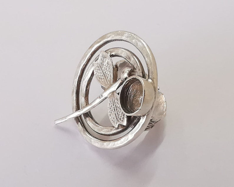 Dragonfly silver ring setting resin blank cabochon base inlay Ring mounting Adjustable Ring Bezel Antique Silver Plated Brass (8mm) G25971