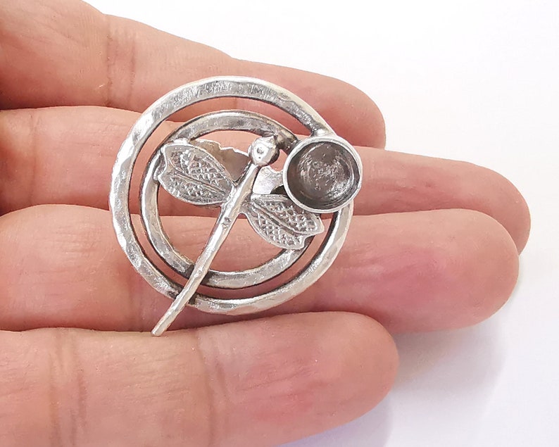 Dragonfly silver ring setting resin blank cabochon base inlay Ring mounting Adjustable Ring Bezel Antique Silver Plated Brass (8mm) G25971