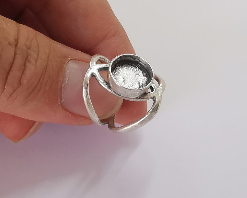 Silver ring setting resin blank cabochon base inlay Ring mounting Adjustable ring bezel Antique silver plated brass (10mm blank ) G25976