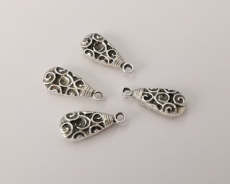 4 Drop charms (double sided) Antique silver plated charms (20x9mm) G25980
