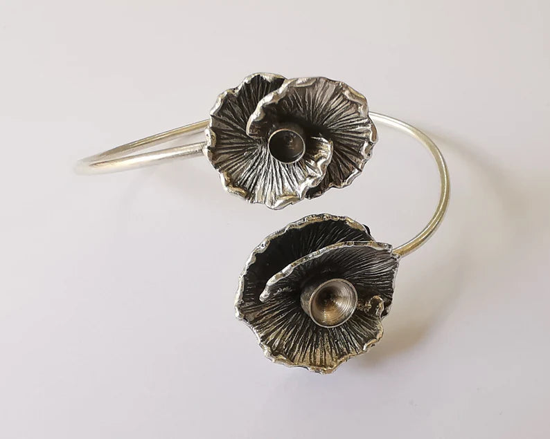 Flower wire bracelet cuff blank bezel Glass cabochon base Adjustable antique silver plated brass (8mm and 5mm ) G26031
