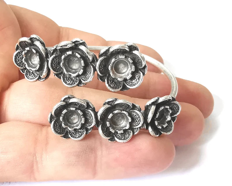 Flowers wire bracelet cuff blank bezel Glass cabochon base Adjustable antique silver plated brass (6mm ) G26036