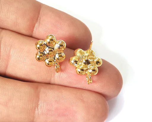 Flower earring stud base shiny gold plated brass earring 1 pair (16x14mm) G26060