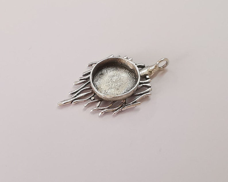 Silver branches nest round pendant blank base Antique silver plated brass 45x25mm (Blank Size 16mm) G25836