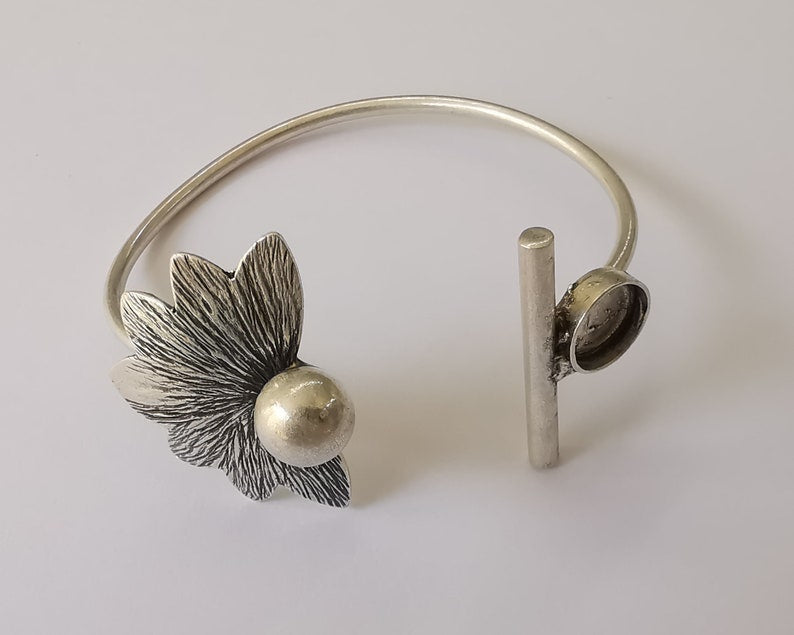 Flower Bracelet Brass Cuff Blank Bezel Glass Cabochon Base Adjustable Antique Silver Plated Brass (10mm ) G25844