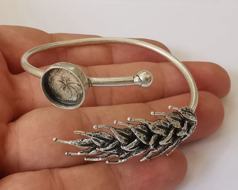 Wheat bracelet Cuff blank bezel Glass cabochon base Adjustable Antique silver plated brass (12mm blank) G26084