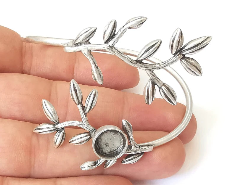 Branch leaf leaves bracelet cuff blank bezel Glass cabochon base Adjustable Antique silver plated brass (10mm blank) G26087