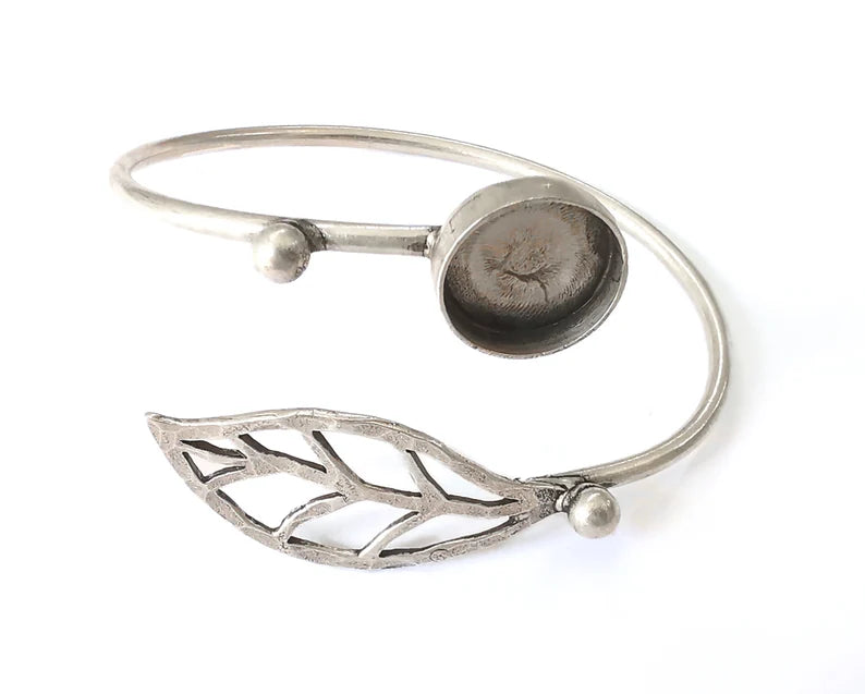 Leaf bracelet blank resin cuff dry flower inlay blank cuff bezel Glass cabochon base Adjustable Antique Silver plated brass (14mm ) G26088