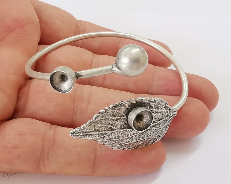 Leaf Bracelet Brass Cuff Blank Bezel Glass Cabochon Base Adjustable Antique Silver Plated Brass (8mm ) G25845