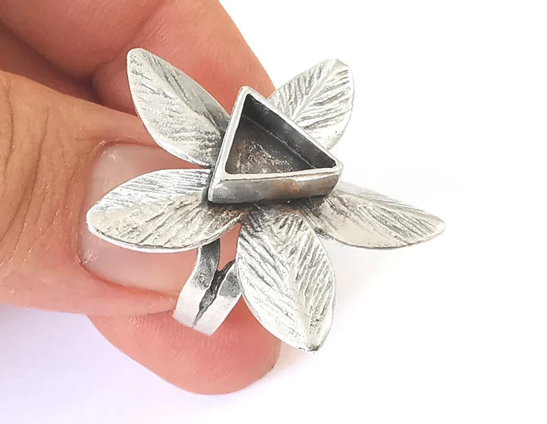 Leaf leaves silver ring setting blank cabochon mounting Adjustable ring base bezel Antique Silver Plated Brass (10mm) G26097