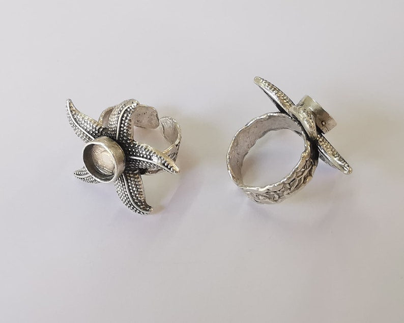Starfish silver ring setting blank cabochon mounting Adjustable ring base bezel Antique Silver Plated Brass (8mm) G25839