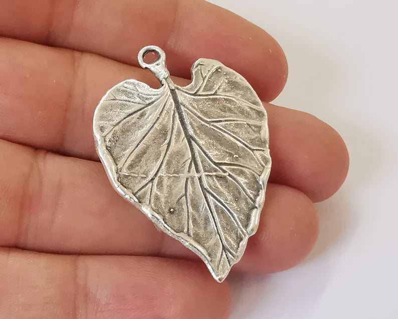 Leaf charm with Square dangle cup bezel blank Antique silver plated brass charm (45x33mm) G26100