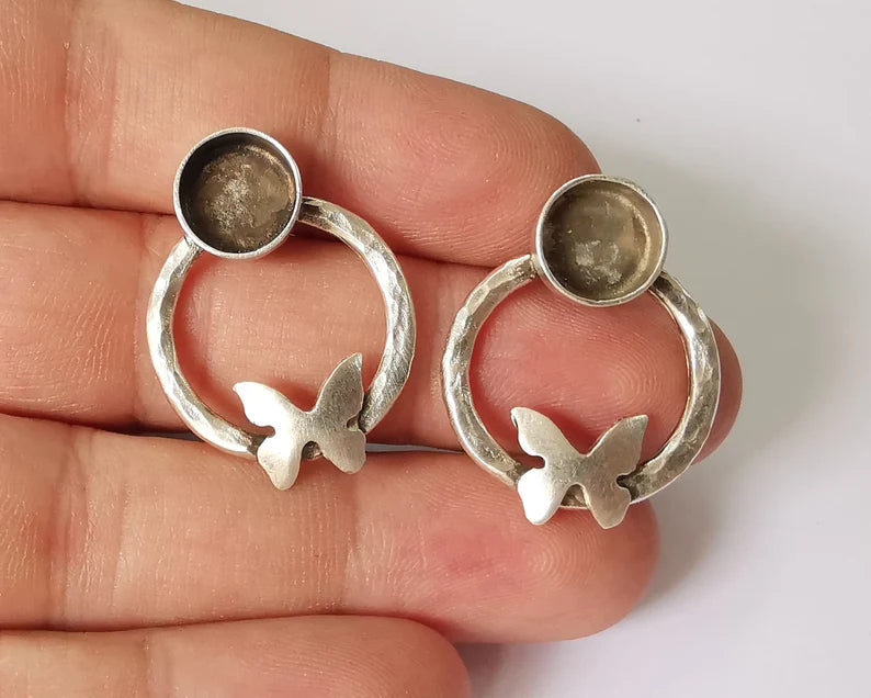 Butterfly earring blank base settings silver resin cabochon inlay blank mountings Antique silver plated brass (10mm blanks) 1 Set G26114
