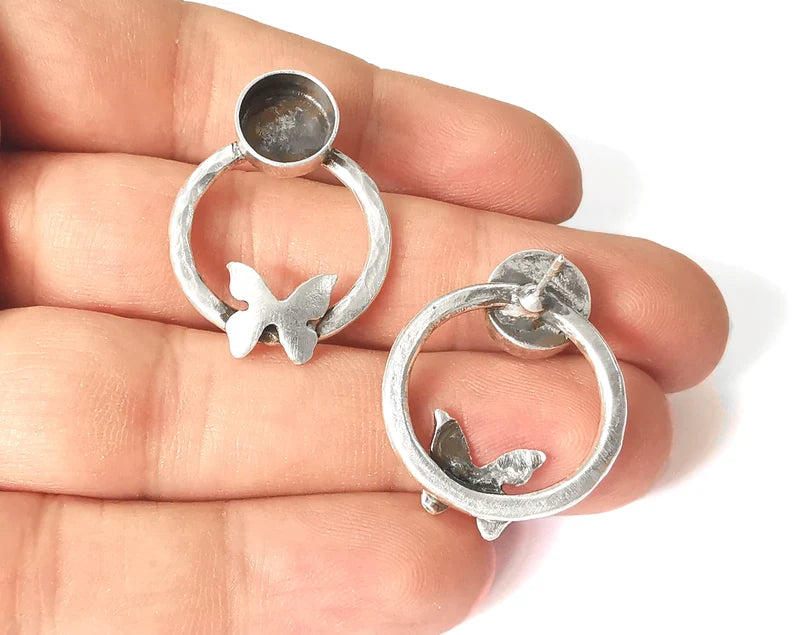 Butterfly earring blank base settings silver resin cabochon inlay blank mountings Antique silver plated brass (10mm blanks) 1 Set G26114