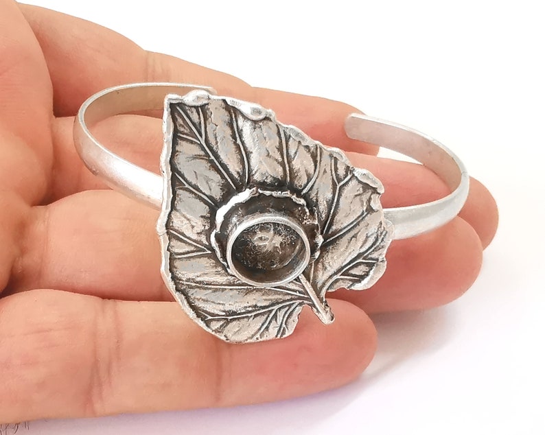 Leaf bracelet brass Cuff blank bezel Glass cabochon base Adjustable Antique silver plated brass (10mm blank) G25856