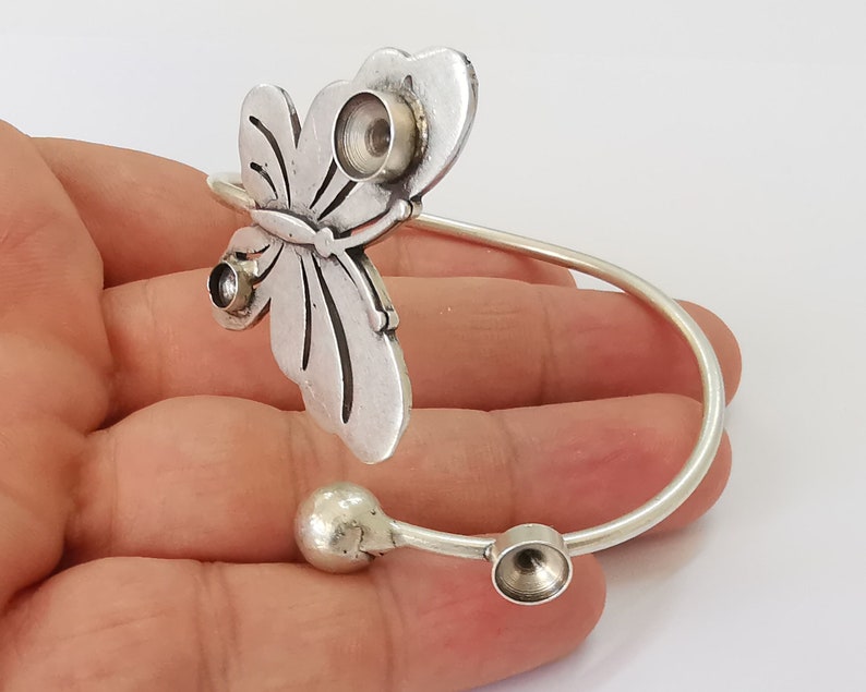 Butterfly ball bracelet brass cuff blank bezel Glass cabochon base Adjustable antique silver brass (8mm and 5mm blanks ) G25863