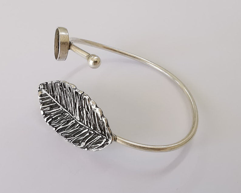 Leaf silver bracelet brass cuff blank bezel Glass cabochon base Adjustable antique silver brass (12mm blank) G25865