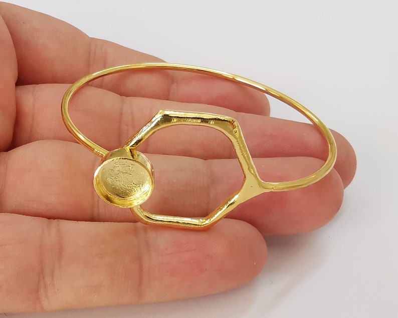 Hexagonal bracelet brass Cuff blank bezel Glass cabochon base Adjustable Shiny gold plated brass (10mm blank) G25867