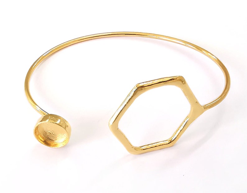 Hexagonal bracelet brass Cuff blank bezel Glass cabochon base Adjustable Shiny gold plated brass (10mm blank) G25867