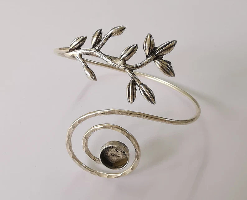 Branch swirl leaf bracelet cuff blank bezel Glass cabochon base Adjustable antique silver plated brass (10 mm ) G26119