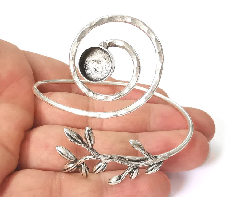Branch swirl leaf bracelet cuff blank bezel Glass cabochon base Adjustable antique silver plated brass (10 mm ) G26119