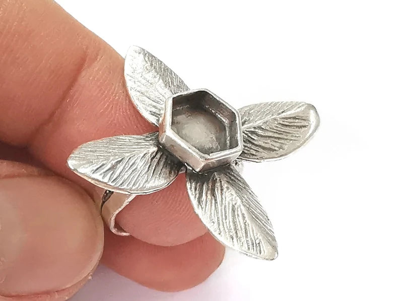 Leaf leaves silver ring setting blank cabochon mounting Adjustable ring base bezel Antique Silver Plated Brass (8.5mm) G26122