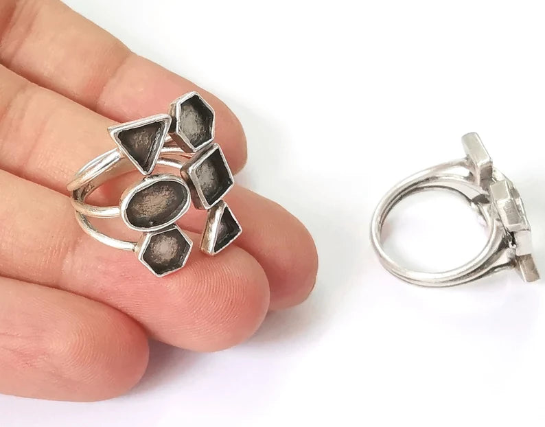 Geometric silver ring setting blank cabochon mounting Adjustable ring base bezel Antique Silver Plated Brass (8 and 6 mm blanks) G26123
