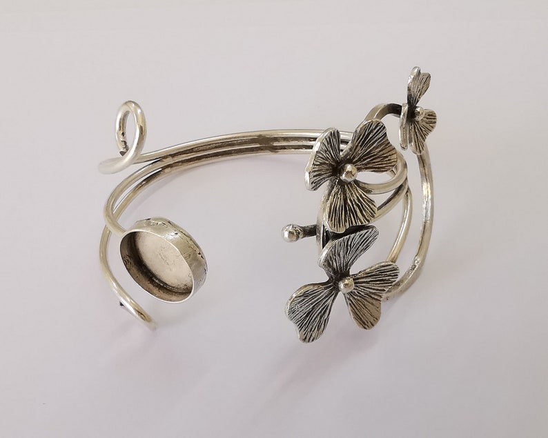 Flowers bracelet brass Cuff blank bezel Glass cabochon base Adjustable Antique silver plated brass (14mm blank) G25870