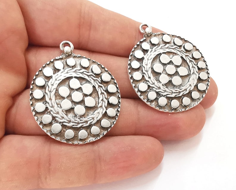 2 Ethnic flower charms Antique silver plated charms (41x34mm) G25891