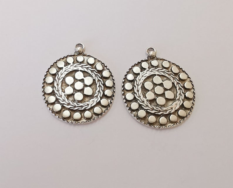 2 Ethnic flower charms Antique silver plated charms (41x34mm) G25891