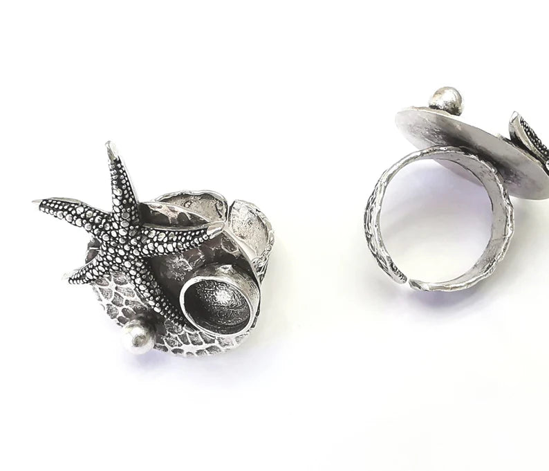 Starfish silver ring setting blank cabochon mounting Adjustable ring base bezel Antique Silver Plated Brass (8 mm blank) G26132