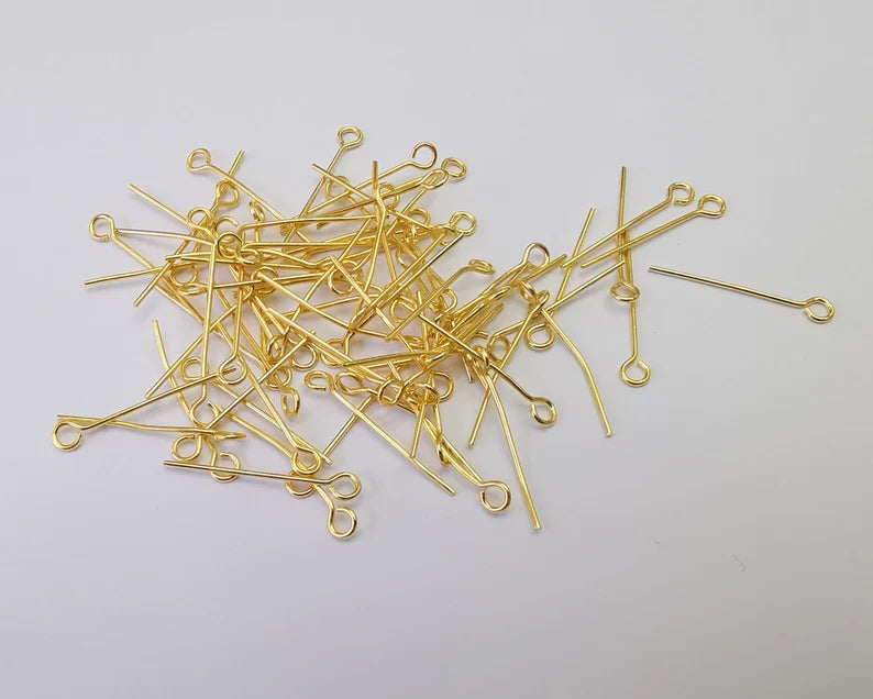 20 Gold Eye Pins Gold Plated Brass pin (25 mm), Findings G26134