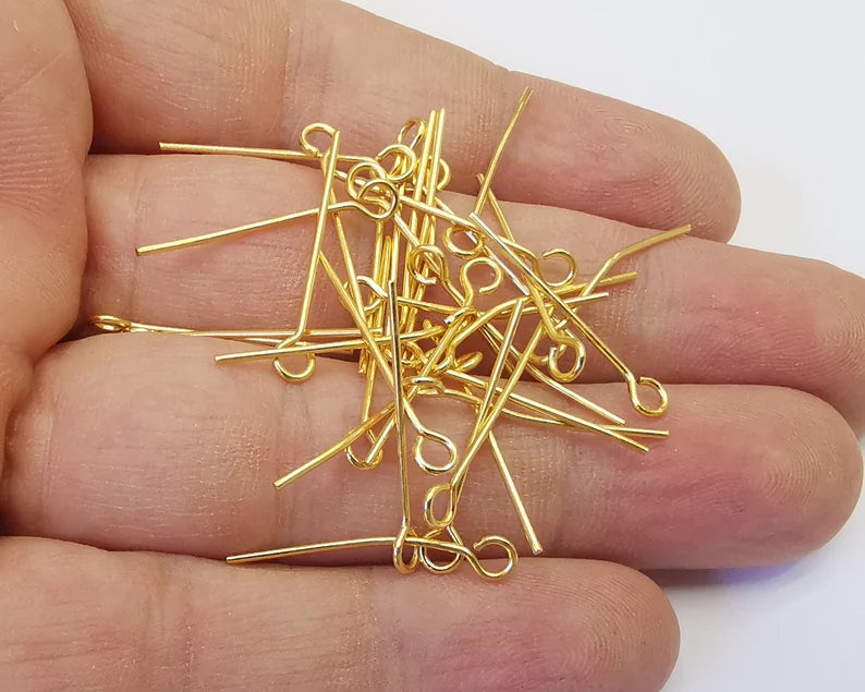 20 Gold Eye Pins Gold Plated Brass pin (25 mm), Findings G26134