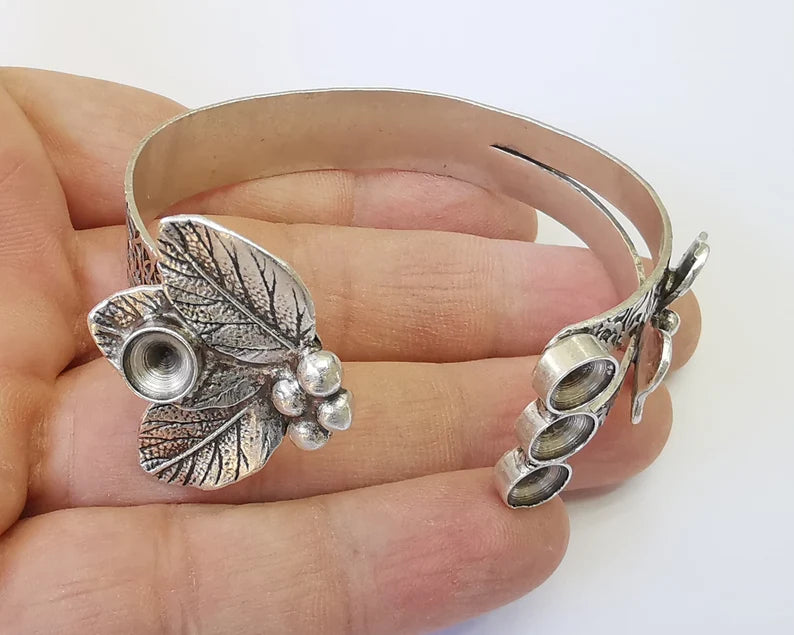 Flower leaf bracelet cuff blank bezel Glass cabochon base Adjustable antique silver plated brass (8 mm Blanks) G26136