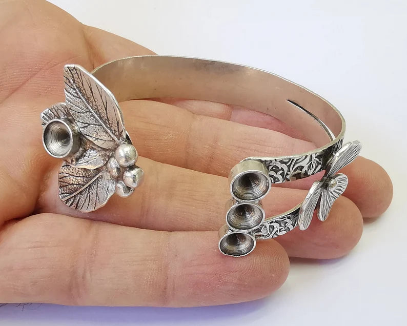 Flower leaf bracelet cuff blank bezel Glass cabochon base Adjustable antique silver plated brass (8 mm Blanks) G26136