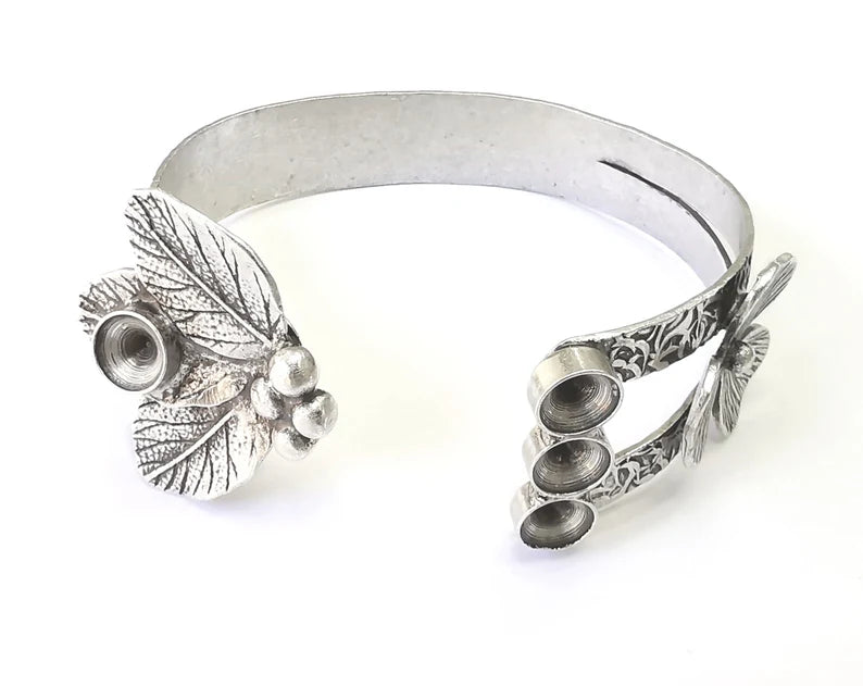 Flower leaf bracelet cuff blank bezel Glass cabochon base Adjustable antique silver plated brass (8 mm Blanks) G26136