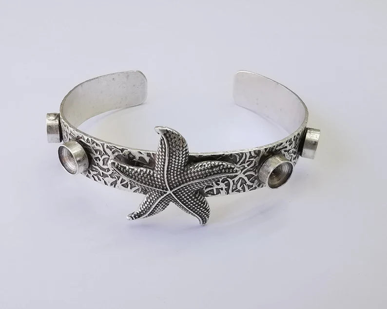 Starfish bracelet cuff blank bezel Glass cabochon base Adjustable antique silver plated brass (8 mm Blanks) G26138