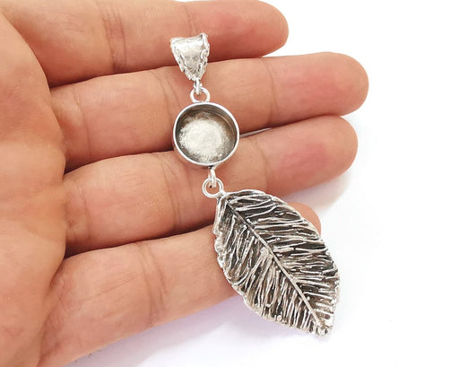 Leaf Dangle Pendant Blank Resin Bezel Mosaic Mountings Cabochon setting Antique Silver Plated Brass (85x24mm)(14mm Bezel Size) G25927