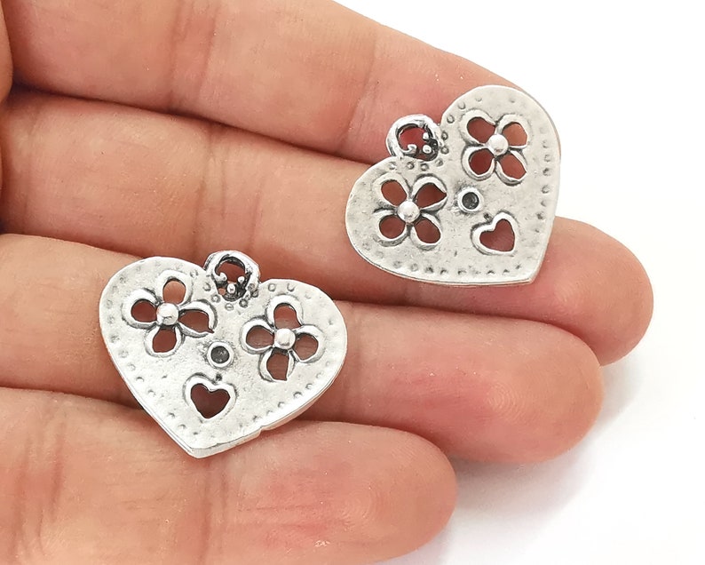 4 Flower heart charms Antique silver plated charms (28x25mm) G25930